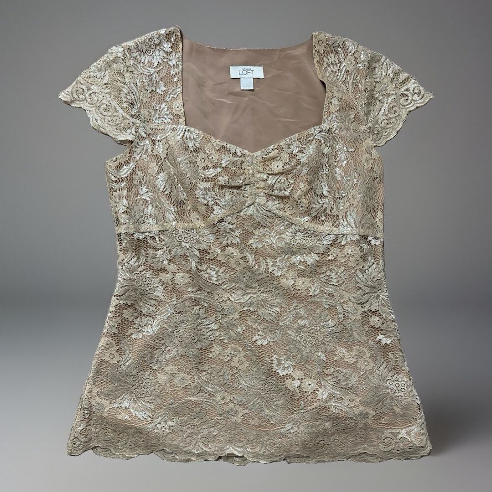 Ann Taylor Top Vintage Gold Metallic Lace Fairy Shimmer Sweetheart Neck sz S